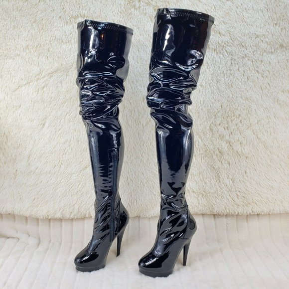 Stretch Patent Black 6" High Heel Platform Thigh High Crotch Boots Sultry - Picture 2 of 8